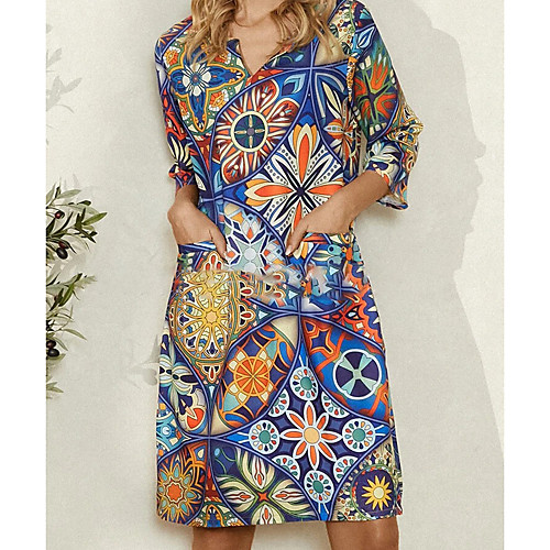 

Women's A Line Dress Knee Length Dress Rainbow 3/4 Length Sleeve Print Tie Dye Print Summer V Neck Elegant 2021 S M L XL XXL 3XL