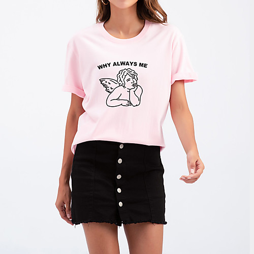 

Women's T shirt Graphic Letter Print Round Neck Tops Cotton Basic Basic Top White Black Purple