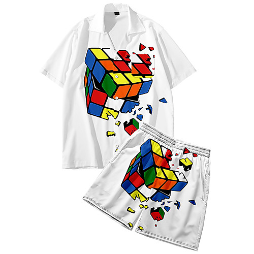 

Men's Shirt Suits 3D Print Rubik's Cube Button-Down 3D Print Short Sleeve Street Tops Fashion Classic Breathable Comfortable White