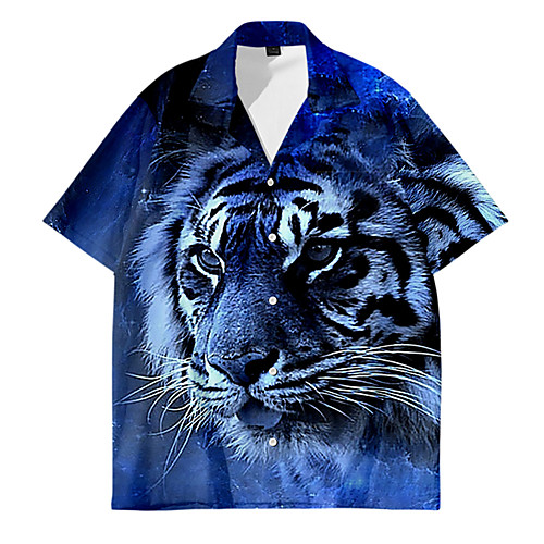 

Men's Shirt 3D Print Tiger Animal Button-Down 3D Print Short Sleeve Daily Tops Casual Fashion Hawaiian Navy Blue