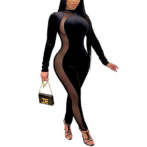 

ekaliy womens sexy mesh one piece jumpsuits long sleeve party club romper see through sheer mesh bodycon one-piece outfits velvet playsuit sheer black jumpsuit xl