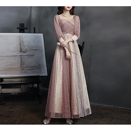 

A-Line Square Neck Ankle Length Tulle Bridesmaid Dress with Sequin