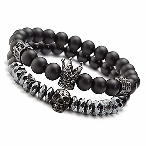 

8mm Charm Beads Bracelets for Men with Black Onxy Stone King Crown Skull Handmade Jewelry, 7.5 Mens Bracelet