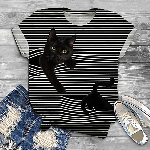 

Women's Plus Size Print Striped Cat Graphic T shirt Large Size Crewneck Short Sleeve Basic Tops XL XXL 3XL Black Big Size