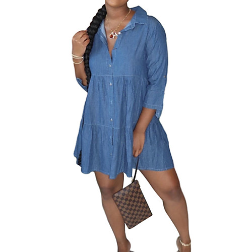 

Women's Denim Dress Short Mini Dress Blue Light Blue 3/4 Length Sleeve Solid Color Patchwork Button Summer Square Neck Casual 2021 S M L XL XXL