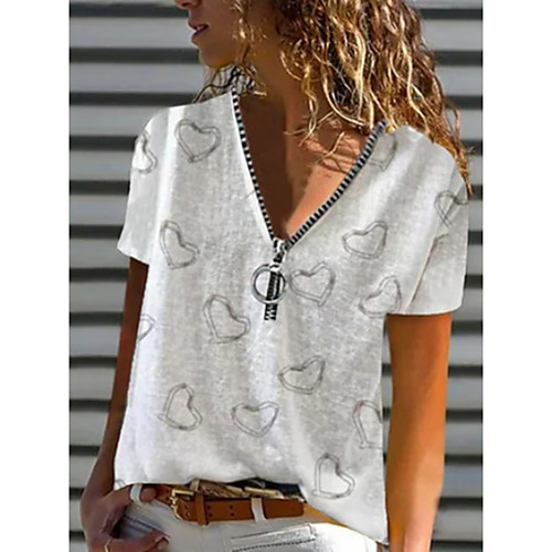 

Women's T shirt Graphic Heart Quarter Zip V Neck Tops Basic Basic Top White