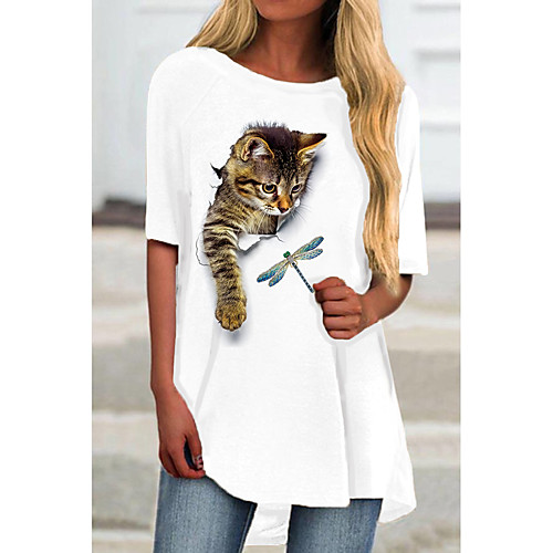 

Women's T Shirt Dress Tee Dress Short Mini Dress White Half Sleeve Cat Animal Print Spring Summer Round Neck Casual 2021 S M L XL XXL 3XL