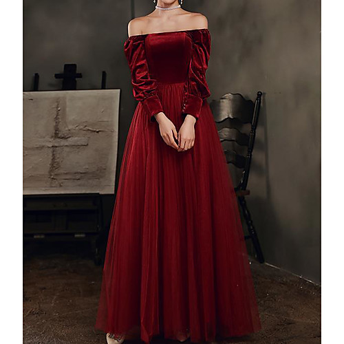 

A-Line Wedding Dresses Square Neck Floor Length Tulle Velvet Long Sleeve Simple Elegant with Tassel 2021