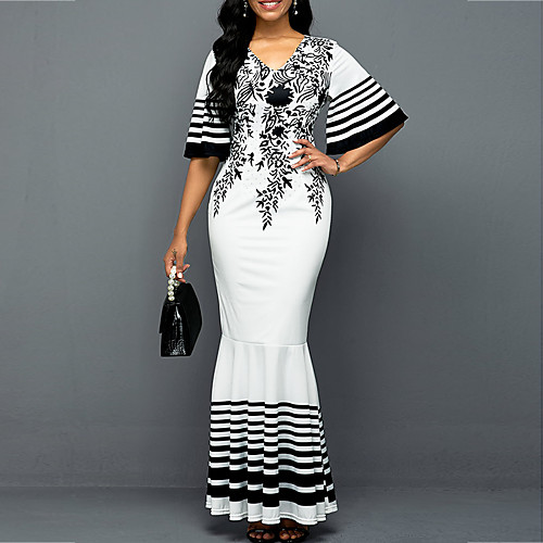 

Women's Sheath Dress Maxi long Dress White Short Sleeve Geometric Print Fall Summer V Neck Elegant Sexy 2021 S M L XL XXL 3XL 4XL 5XL