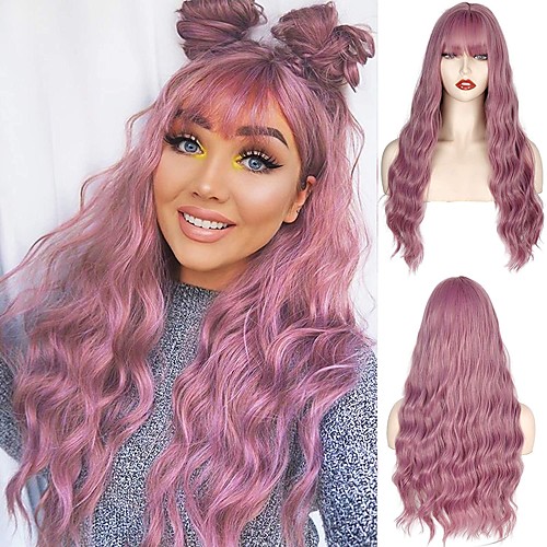 

Synthetic Wig Curly Halloween Asymmetrical Wig Long Pink Synthetic Hair 22 inch Women's Pink