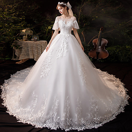 

Princess Ball Gown Wedding Dresses Jewel Neck Chapel Train Lace Tulle Short Sleeve Formal Romantic Luxurious Sparkle & Shine with Beading Appliques 2021