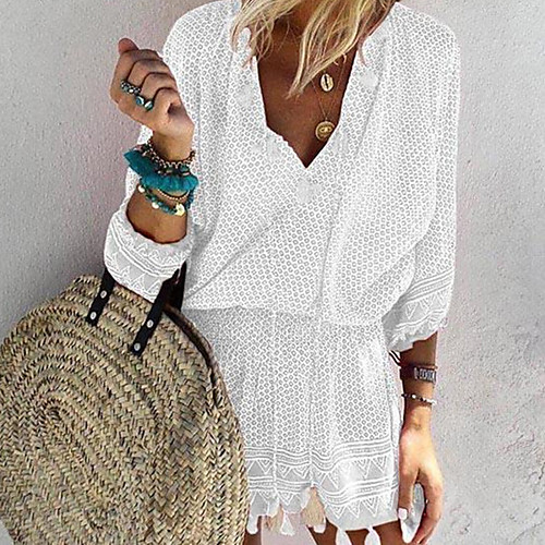 

Women's A Line Dress Short Mini Dress White Blue Purple Yellow Blushing Pink Gray 3/4 Length Sleeve Solid Color Tassel Fringe Patchwork Summer V Neck Elegant 2021 S M L XL XXL