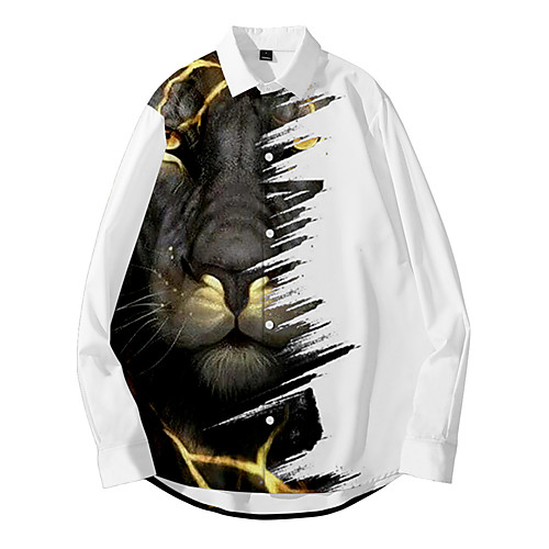

Men's Shirt 3D Print Lion Animal Button-Down 3D Print Long Sleeve Daily Tops Casual Fashion Hawaiian White