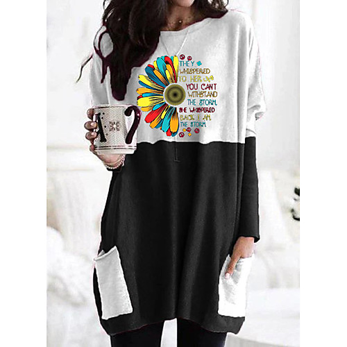 

Women's T shirt Graphic Floral Letter Long Sleeve Pocket Round Neck Tops Basic Basic Top Black Orange Khaki