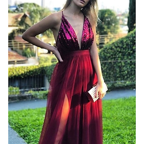 

A-Line Beautiful Back Sexy Wedding Guest Prom Dress Spaghetti Strap Sleeveless Floor Length Tulle Sequined with Pleats Sequin 2021
