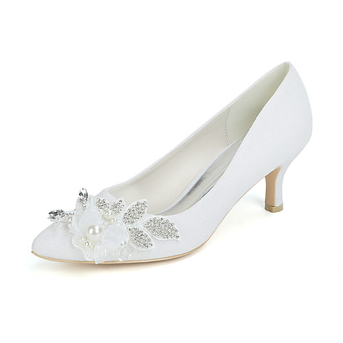 

Women's Wedding Shoes Kitten Heel Pointed Toe Wedding Pumps Gleit Rhinestone Imitation Pearl Satin Flower Solid Colored White Champagne