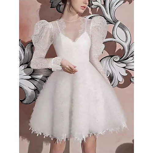 

A-Line Elegant Vintage Homecoming Cocktail Party Dress Illusion Neck Long Sleeve Short / Mini Lace with Pleats Embroidery 2021