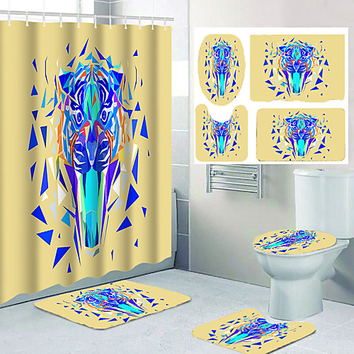 

Geometric Shape Tiger Head Pattern Printing Bathroom Shower Curtain Leisure Toilet Four-piece Set