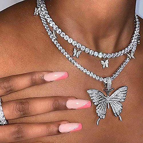 

Butterfly Choker Necklace Gorgeous 2 Layered Crystal Pendant Necklaces Sparkly Butterfly Chain Jewelry for Women