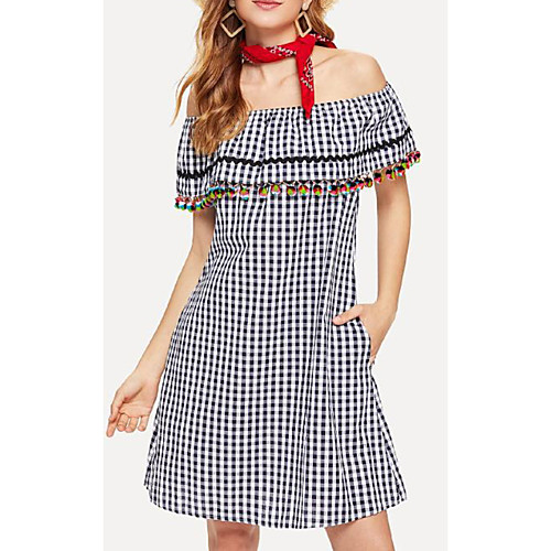

Women's A Line Dress Knee Length Dress Dusty Blue Short Sleeve Print Check Print Summer Off Shoulder Casual Cotton 2021 S M L XL