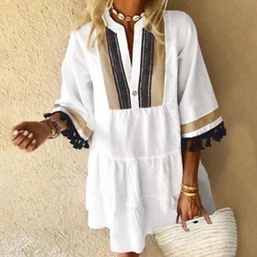 

Women's Shirt Dress Knee Length Dress White Black Blue Red Wine 3/4 Length Sleeve Solid Color Patchwork Print Fall Summer V Neck Elegant Casual 2021 S M L XL XXL 3XL