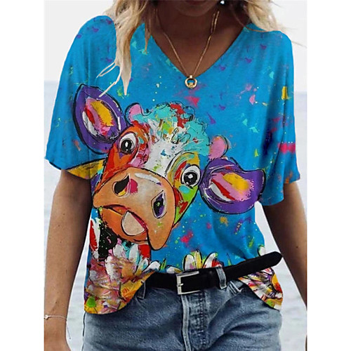 

Women's T shirt Graphic Animal Print V Neck Tops Basic Basic Top Blue Purple Yellow