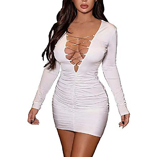 

Women's Elegant Sexy Club Dress Lace Up Deep V Neck Ruched Long Sleeve Bodycon Party Mini Dresses