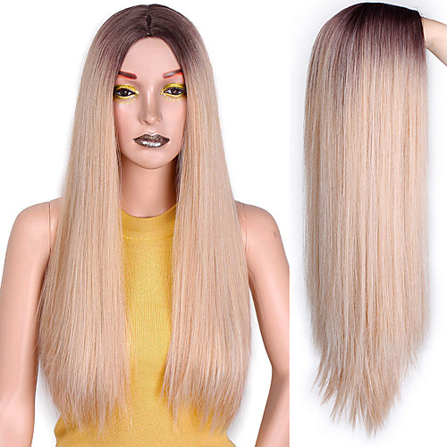 

Long Straight Synthetic Wig Mixed Brown and Blonde Long Wigs for White /Black Women Middle Part Nature Wigs