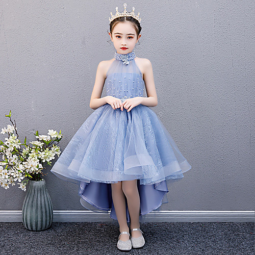 

Princess Asymmetrical Wedding / Event / Party Flower Girl Dresses - Tulle Sleeveless Halter Neck with Beading / Appliques / Solid