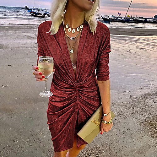 

Women's Sheath Dress Knee Length Dress Wine Gray Long Sleeve Solid Color Sequins Split Ruched Spring Summer V Neck Work Elegant 2021 S M L XL