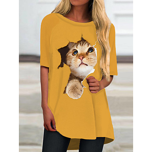

Women's T Shirt Dress Tee Dress Short Mini Dress Yellow Half Sleeve Cat Animal Print Spring Summer Round Neck Casual 2021 S M L XL XXL 3XL