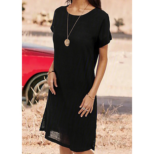 

Women's A Line Dress Knee Length Dress White Black Rose Red Gray Short Sleeve Solid Color Patchwork Fall Summer Round Neck Elegant Casual 2021 S M L XL XXL