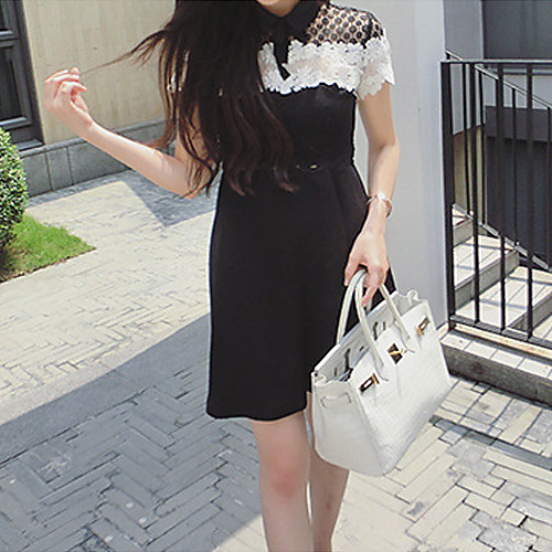 

A-Line Color Block Cut Out Party Wear Cocktail Party Dress Shirt Collar Short Sleeve Short / Mini Lace with Bow(s) Lace Insert 2021