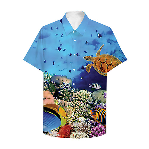 

Men's Shirt 3D Print Graphic Prints Fish Button-Down Print Short Sleeve Casual Tops Casual Designer Big and Tall Blue