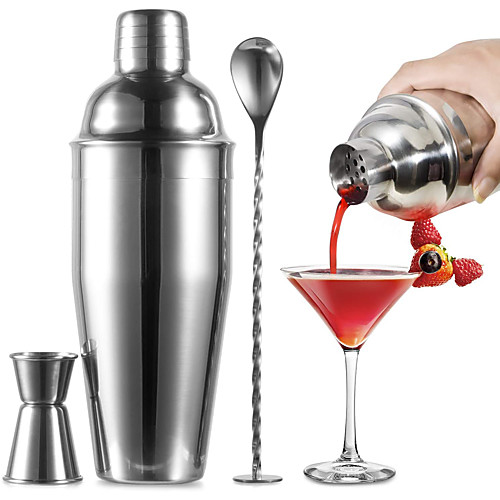 

Cocktail Shaker Bartender Set 3 Pieces 750ml 25oz Bar Tools Kit Accessories Stainless Steel Martini Shaker with Built in Strainer Mixing Spoon Measuring Jigger Recipes Booklet