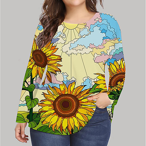 

Women's Plus Size Print Graphic Floral Sunflower T shirt Large Size Round Neck Long Sleeve Tops Big Size