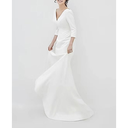 

A-Line Wedding Dresses V Neck Sweep / Brush Train Satin Half Sleeve Simple Vintage Little White Dress with Pleats 2021