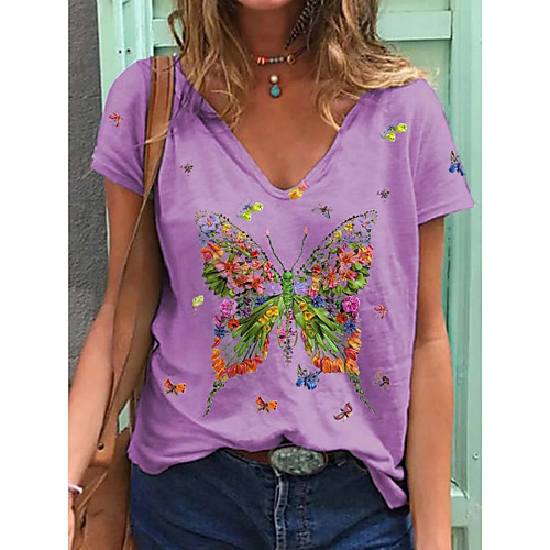 

Women's T shirt Butterfly Print V Neck Tops Cotton Basic Basic Top White Blue Purple