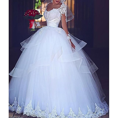 

Princess Ball Gown Wedding Dresses V Neck Floor Length Lace Tulle Short Sleeve Formal Romantic Luxurious with Appliques Cascading Ruffles 2021