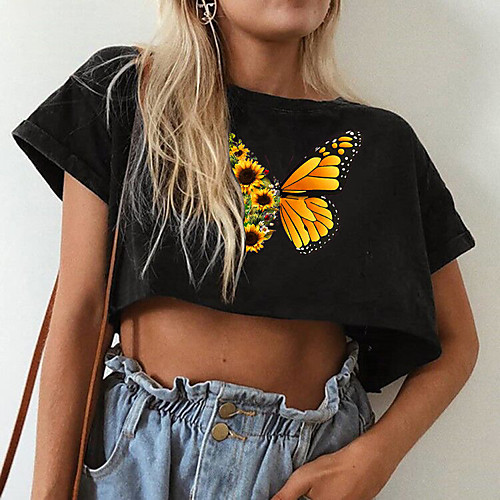 

Women's Crop Top Tee / T-shirt Crop Top Crew Neck Butterfly Sunflower Sport Athleisure T Shirt Top Short Sleeves Breathable Soft Comfortable Everyday Use Street Casual Daily Outdoor