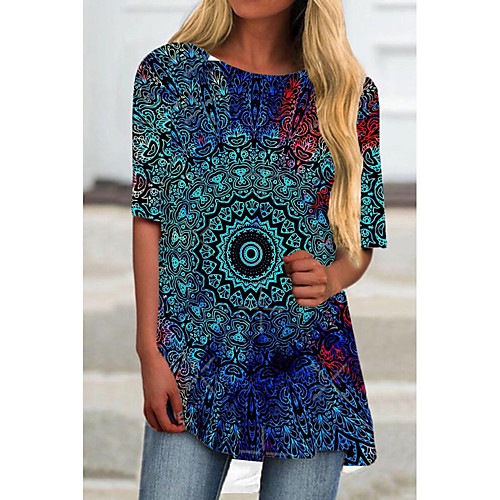 

Women's T Shirt Dress Tee Dress Short Mini Dress Blue Gray Light Blue Half Sleeve Floral Color Block Print Spring Summer Round Neck Casual 3D Print S M L XL XXL 3XL