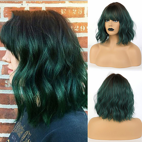 

Blonde Unicorn Green Short Wavy Bob Synthetic Wigs with Bangs Women Shoulder Length Cosplay Hair Wig Heat Resistant Fiber