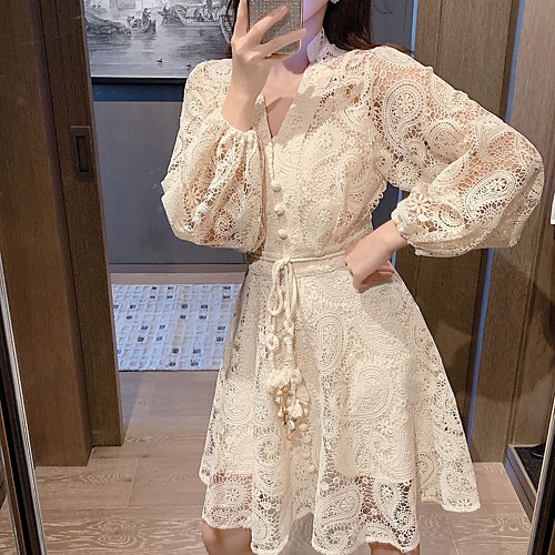 

A-Line Elegant Boho Wedding Guest Cocktail Party Dress V Neck Long Sleeve Short / Mini Lace with Sash / Ribbon 2021
