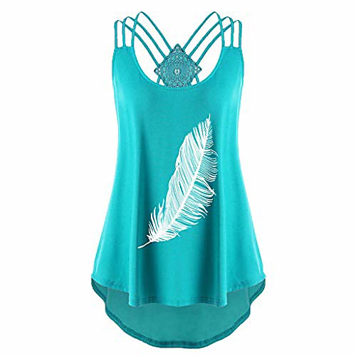 

women feather print tank tops sleeveless bandages strappy side shirring shrit blouse green