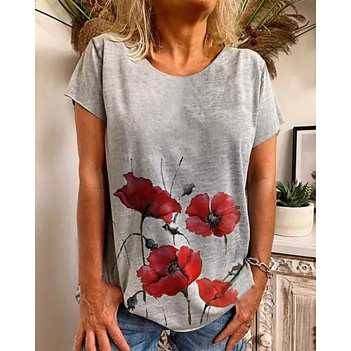

Women's T shirt Graphic Flower Print Round Neck Tops Basic Basic Top Gray