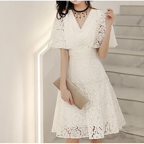 

A-Line Flirty Elegant Homecoming Cocktail Party Dress V Neck Half Sleeve Short / Mini Lace with Lace Insert 2021