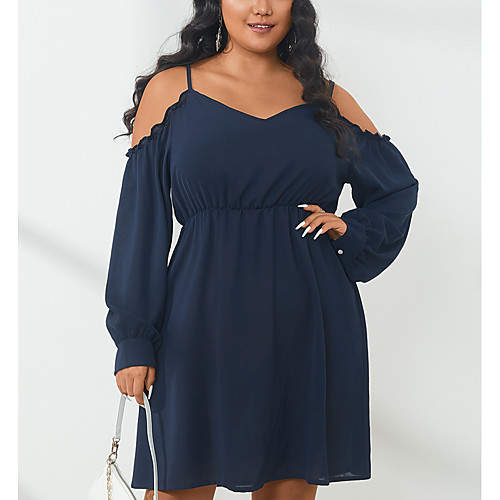 

Women's Solid Color Patchwork Casual Long Sleeve Spring & Summer Knee Length Dress Strap Dress Dark Blue / vacation dresses