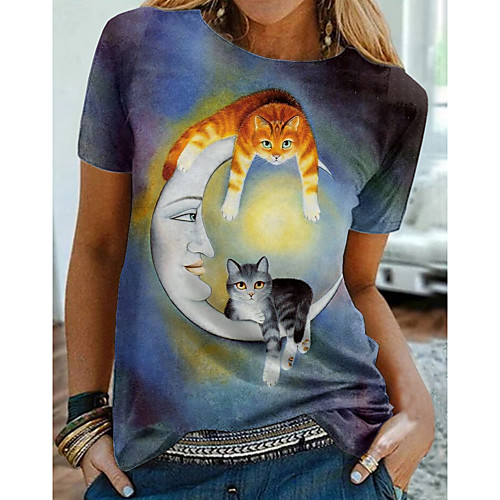 

Women's T shirt Galaxy Cat 3D Print Round Neck Tops Basic Basic Top Blue