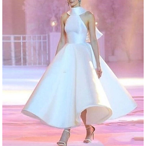 

A-Line Vintage Sexy Engagement Prom Dress Halter Neck Sleeveless Ankle Length Stretch Satin with Sleek Bow(s) 2021