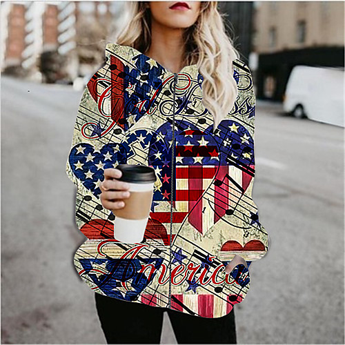

Women's Color Block Print Active Spring & Fall Hoodied Jacket Regular Daily Long Sleeve Air Layer Fabric Coat Tops Navy Blue